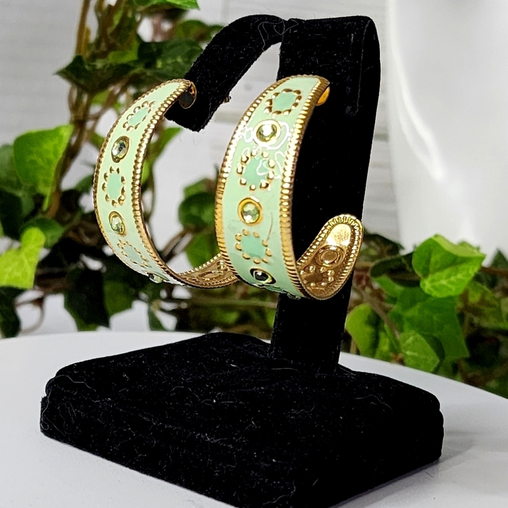 Boho Gold with Pastel Green Design Half Hoop Earrings New